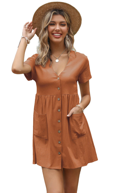 Ladies Solid Color V-Neck Short Sleeve Shirt Dress