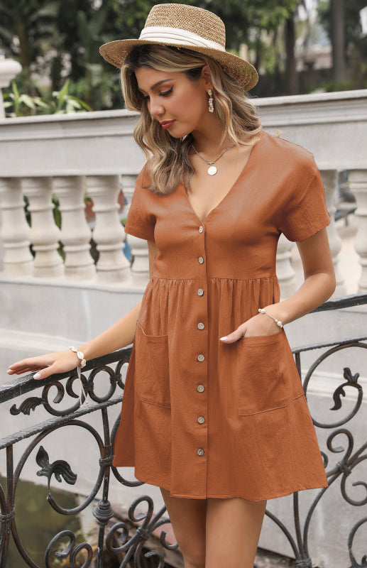 Ladies Solid Color V-Neck Short Sleeve Shirt Dress