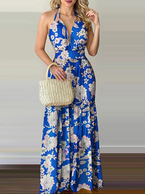 Halterneck Tie V-neck Floral Print Open-back Maxi Dress