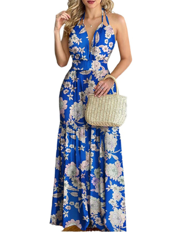 Halterneck Tie V-neck Floral Print Open-back Maxi Dress