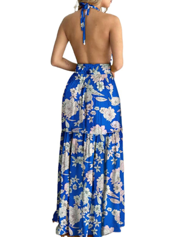 Halterneck Tie V-neck Floral Print Open-back Maxi Dress