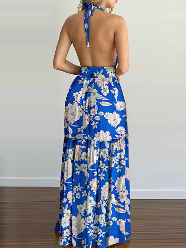 Halterneck Tie V-neck Floral Print Open-back Maxi Dress