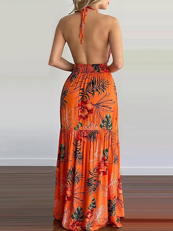 Halterneck Tie V-neck Floral Print Open-back Maxi Dress