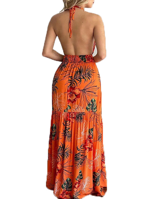 Halterneck Tie V-neck Floral Print Open-back Maxi Dress