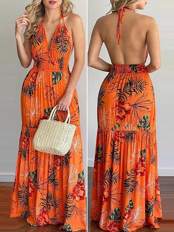 Halterneck Tie V-neck Floral Print Open-back Maxi Dress