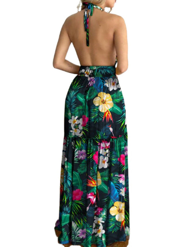 Halterneck Tie V-neck Floral Print Open-back Maxi Dress