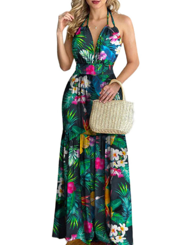 Halterneck Tie V-neck Floral Print Open-back Maxi Dress