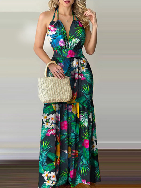 Halterneck Tie V-neck Floral Print Open-back Maxi Dress