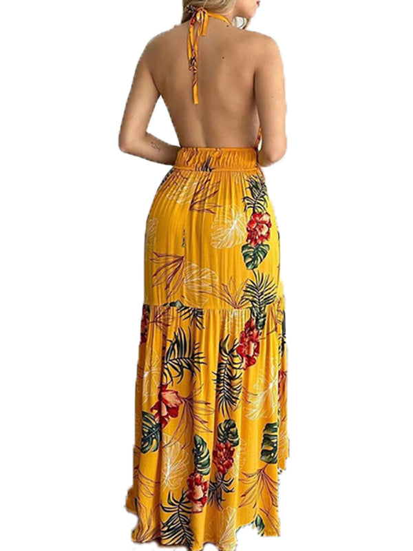 Halterneck Tie V-neck Floral Print Open-back Maxi Dress