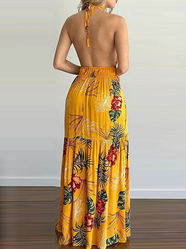 Halterneck Tie V-neck Floral Print Open-back Maxi Dress