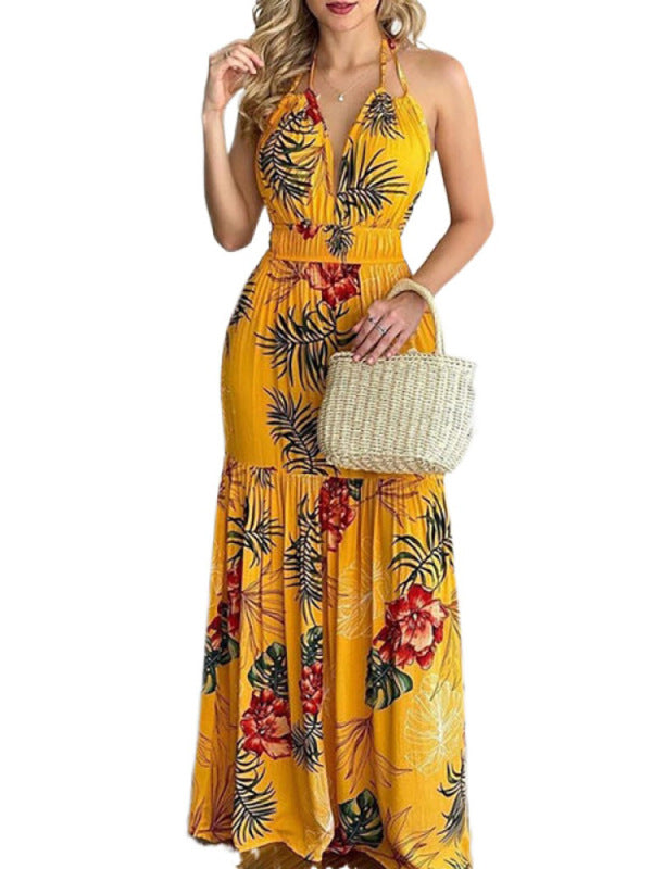 Halterneck Tie V-neck Floral Print Open-back Maxi Dress