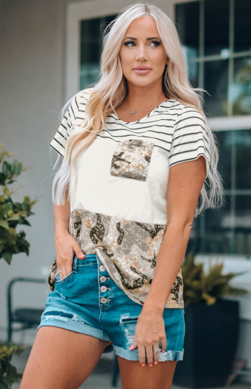 Women's Striped Camo Crew Neck Panel Short Sleeve Top