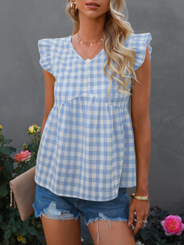 Women's V-neck sleeveless Plaid top