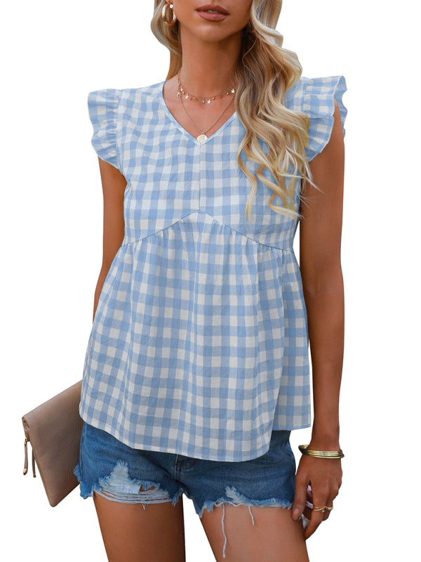 Women's V-neck sleeveless Plaid top