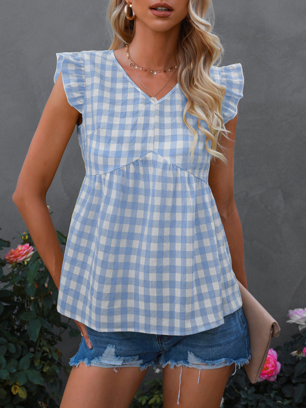 Women's V-neck sleeveless Plaid top