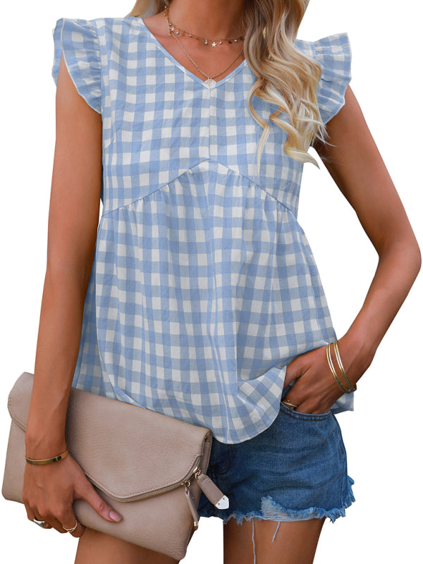 Women's V-neck sleeveless Plaid top