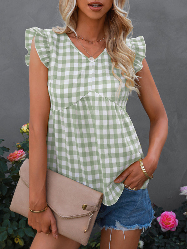 Women's V-neck sleeveless Plaid top