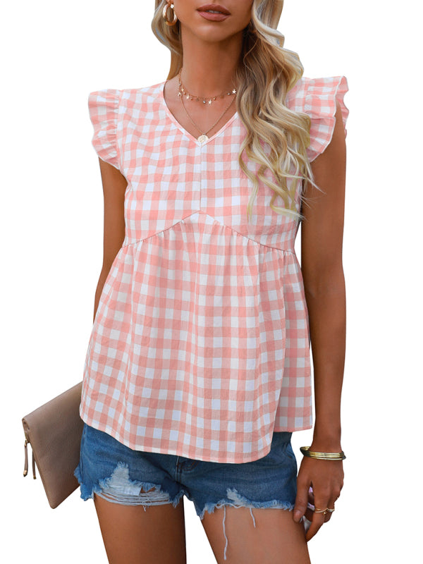 Women's V-neck sleeveless Plaid top