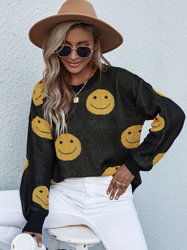 Women's Smiley Long Sleeve Black Sweater