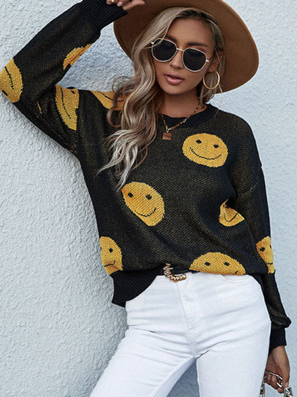 Women's Smiley Long Sleeve Black Sweater