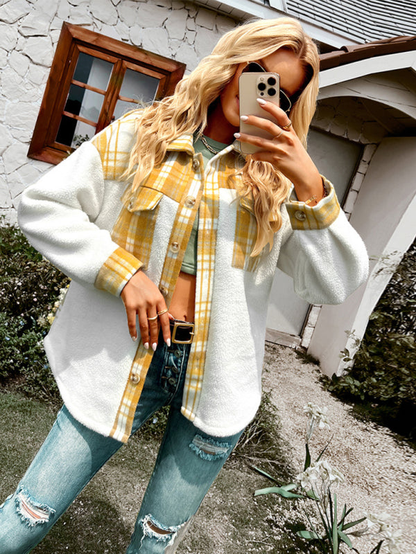 Women's Plaid Panel Fleece Long Sleeve Jacket