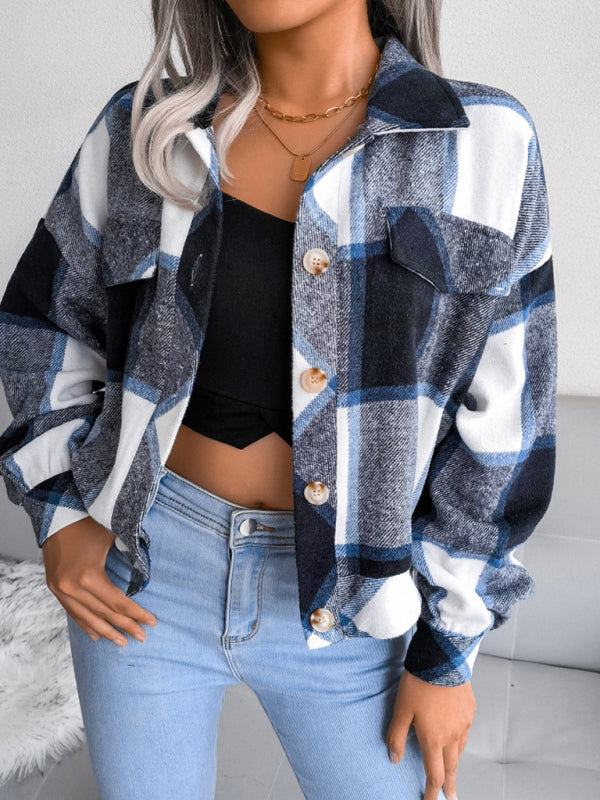 Women's Plaid lantern long sleeve woolen coat