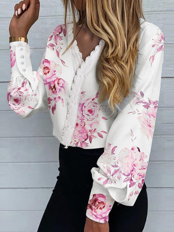 Women's Printed Lace Long Sleeve Top