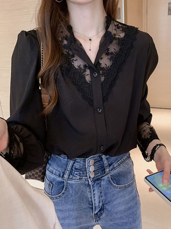 Women's Lace Chiffon Panel Long Sleeve Top