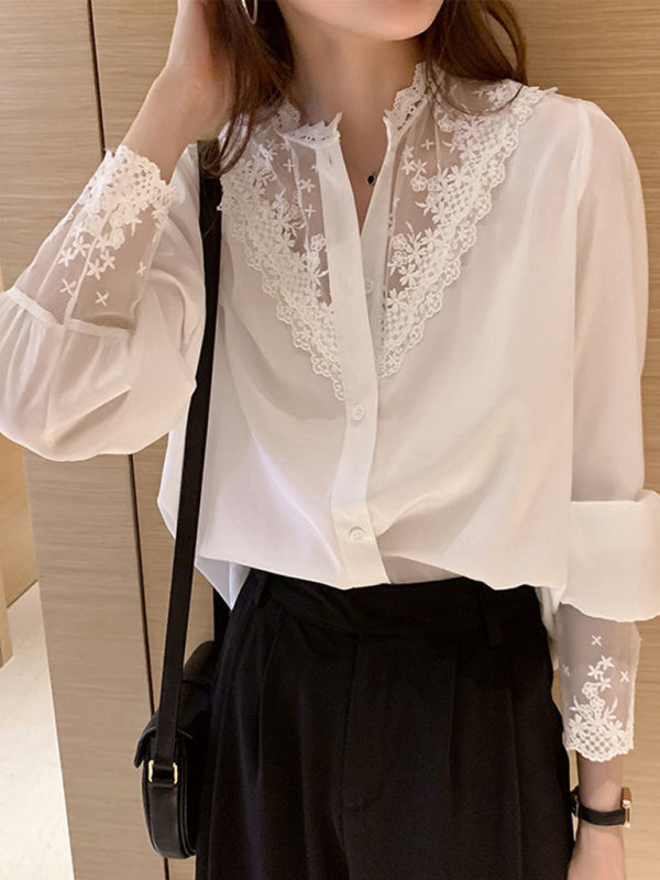 Women's Lace Chiffon Panel Long Sleeve Top