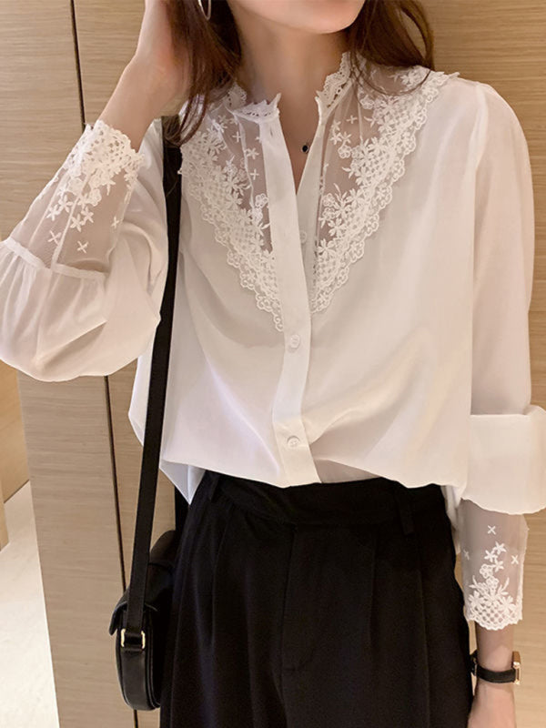 Women's Lace Chiffon Panel Long Sleeve Top