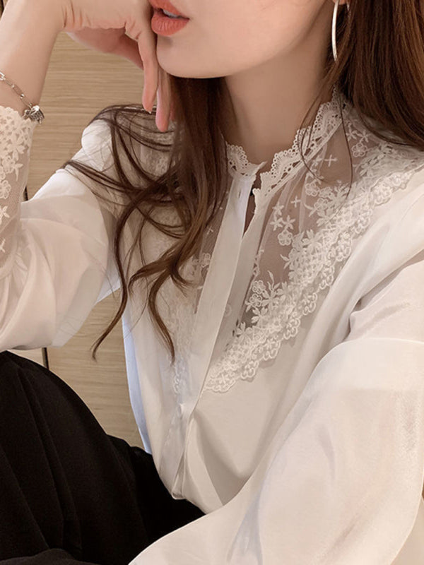 Women's Lace Chiffon Panel Long Sleeve Top