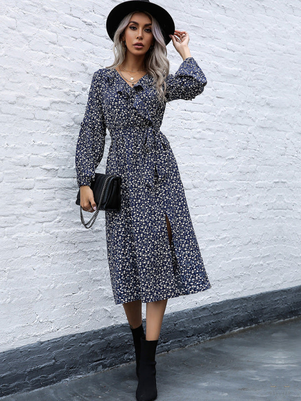 Women's ruffle collar long-sleeved floral dresses