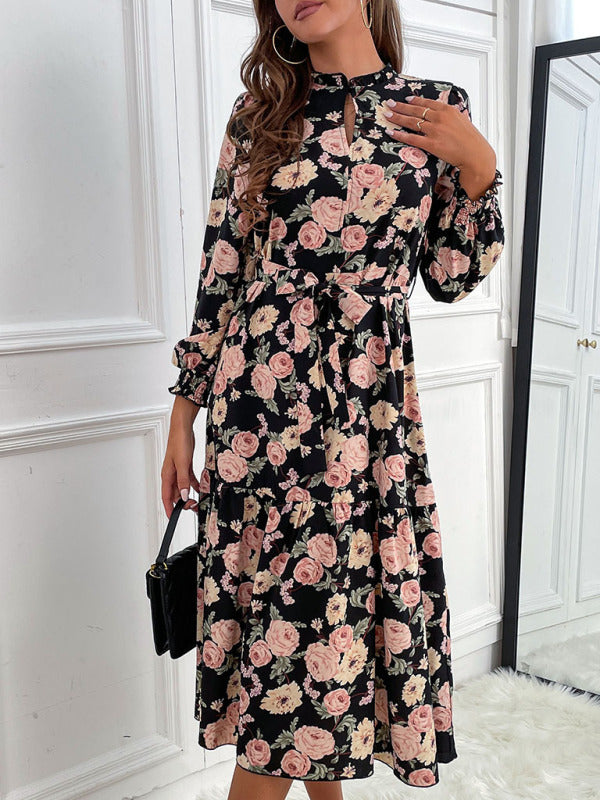 Women's print long sleeve half high neck dress