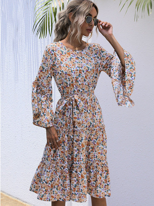 printing line with long -sleeved floral dresses in autumn and winter