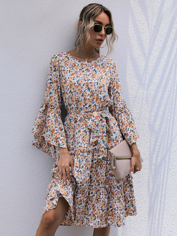 printing line with long -sleeved floral dresses in autumn and winter