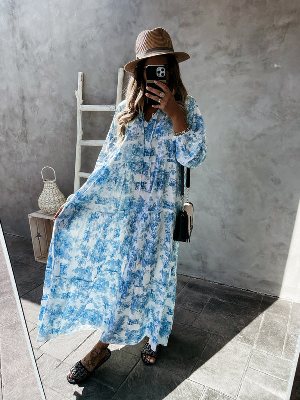 Women's Fashion Print Ruffle Neck Long Sleeve Resort Dress