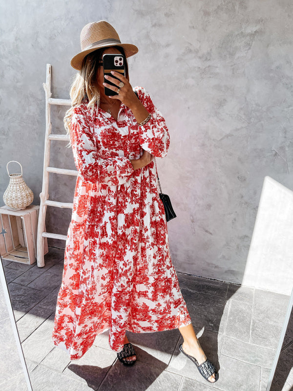 Women's Fashion Print Ruffle Neck Long Sleeve Resort Dress