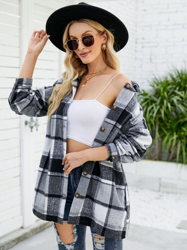 Long-sleeve lapel plaid shirt jacket