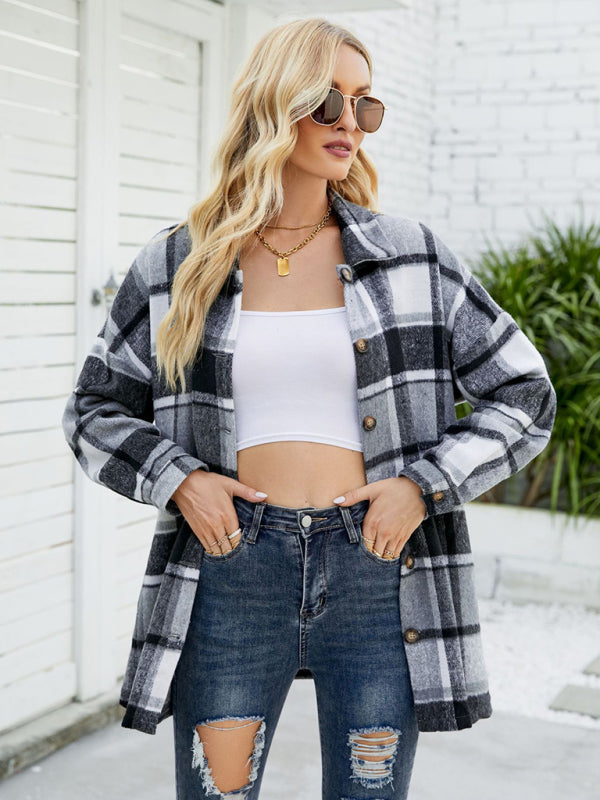 Long-sleeve lapel plaid shirt jacket