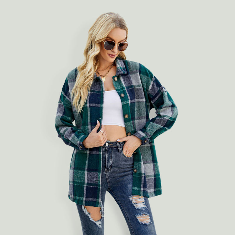 Long-sleeve lapel plaid shirt jacket