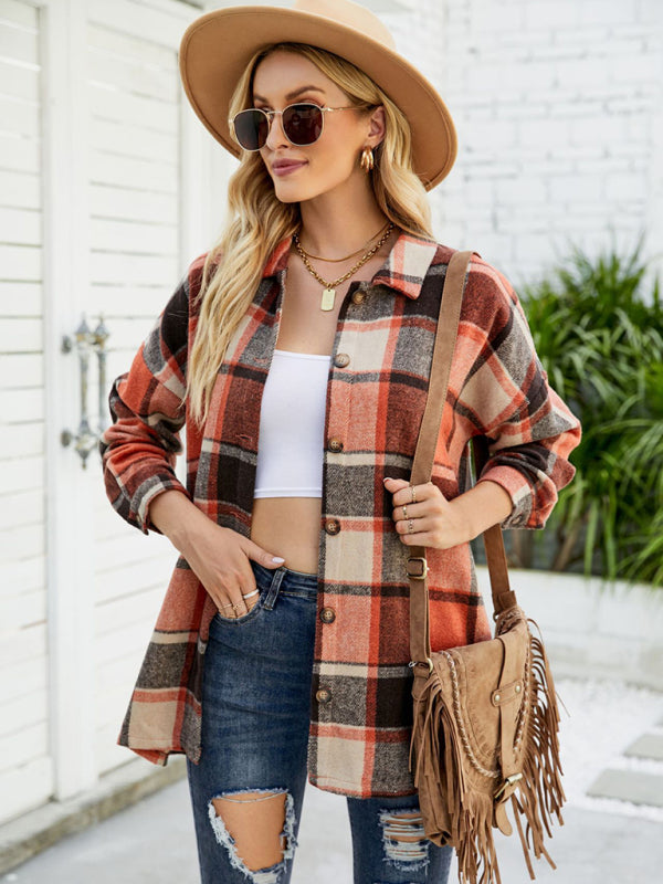 Long-sleeve lapel plaid shirt jacket