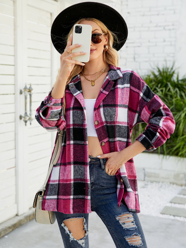 Long-sleeve lapel plaid shirt jacket