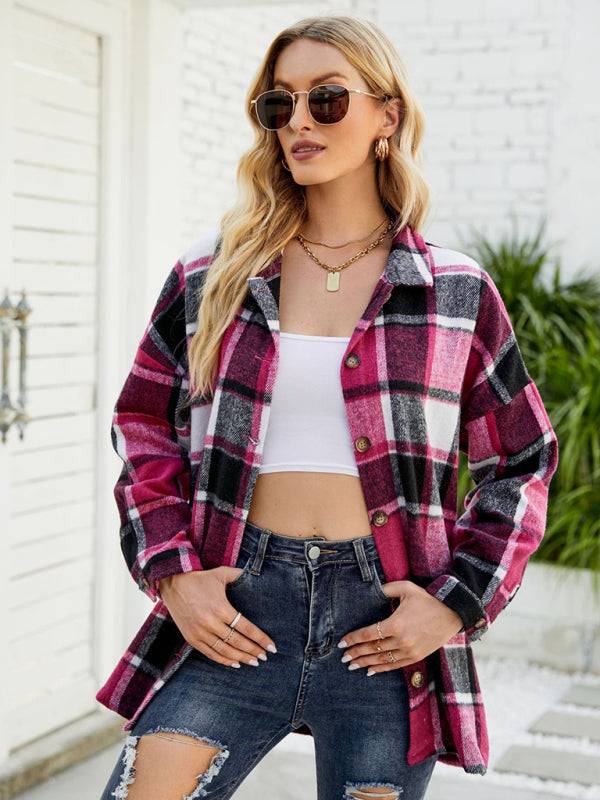 Long-sleeve lapel plaid shirt jacket