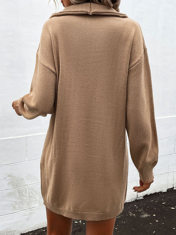 women's long sleeve half cardigan lapel collar sweater dress