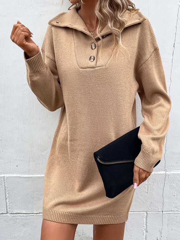 women's long sleeve half cardigan lapel collar sweater dress