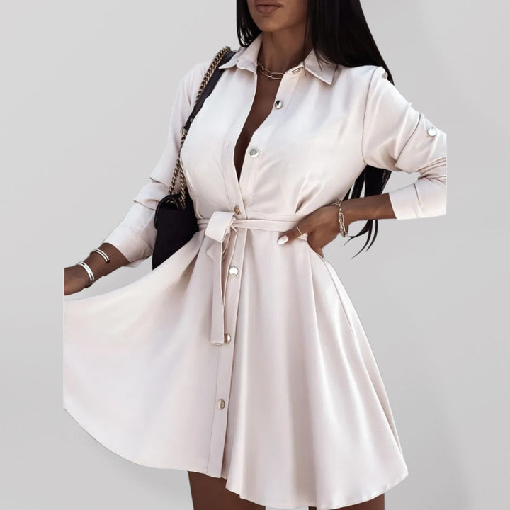 Women's solid lapel button tie dress