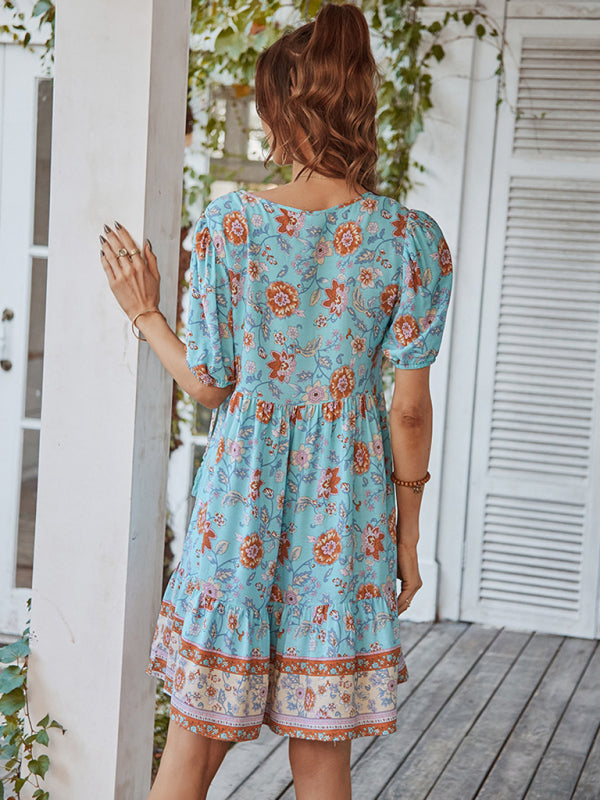 Women's Woven V-Neck Short Sleeve Bohemian Resort Dress