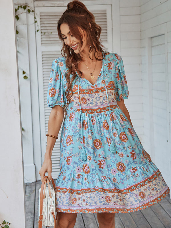 Women's Woven V-Neck Short Sleeve Bohemian Resort Dress