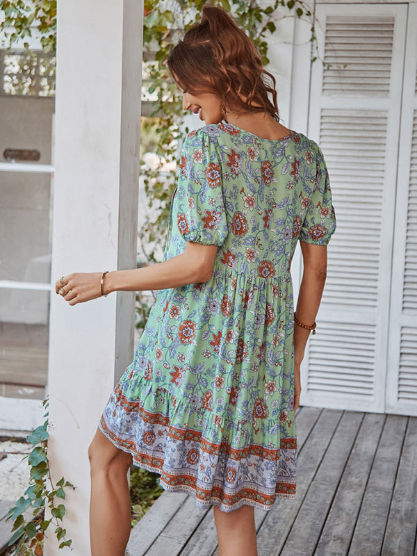 Women's Woven V-Neck Short Sleeve Bohemian Resort Dress