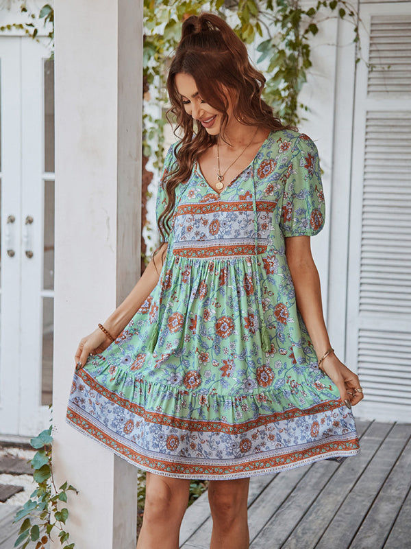 Women's Woven V-Neck Short Sleeve Bohemian Resort Dress